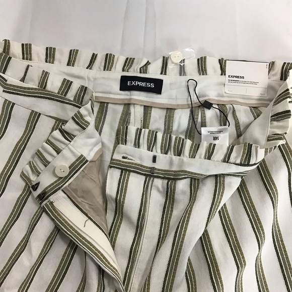 Express NWT Paperbag Waist Striped Ankle Pants High Rise Ivory Green 14R - Picture 5 of 13